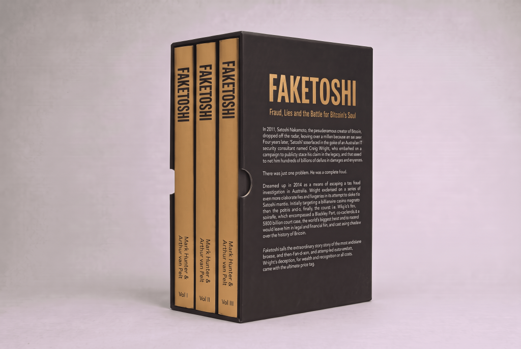 The Faketoshi Trilogy box set, side view